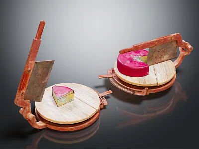 Traditional Brass Cheese Slicers With Round Plates And Pink Cheese Slices 3d model