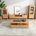 Natural Wooden TV Stand With Display Cabinets Coffee Table Decorative Painting And Green Plant Accents