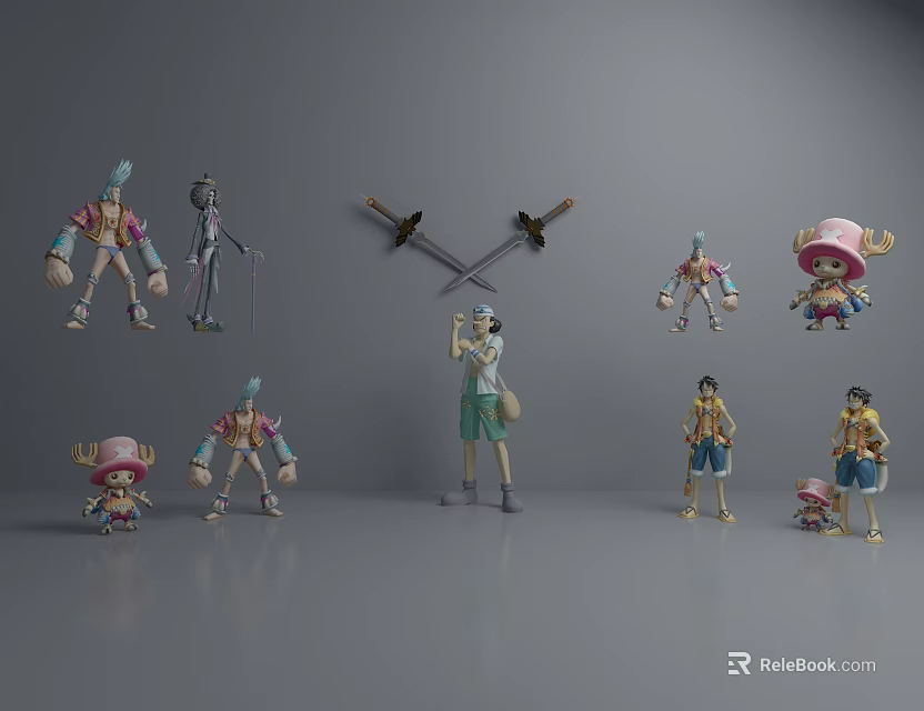 Anime Character Figures In Various Poses With Crossed Swords And Different Styles 3d model 