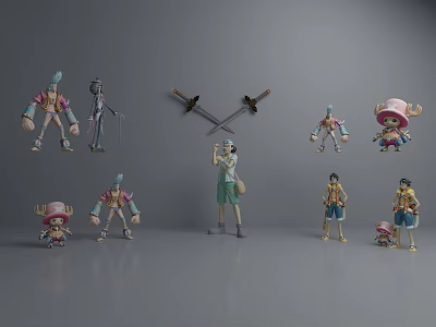 Anime Character Figures In Various Poses With Crossed Swords And Different Styles 3d model