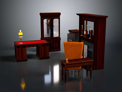 Dark Wooden Desk With Red Countertop Glass Door Cabinet Bookshelf Orange Chair And Table Lamp 3d model