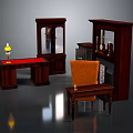 Dark Wooden Desk With Red Countertop Glass Door Cabinet Bookshelf Orange Chair And Table Lamp