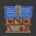Cartoon Scene of a Charming House with Blue Tiled Roof Brown Wooden Frames and Chimney