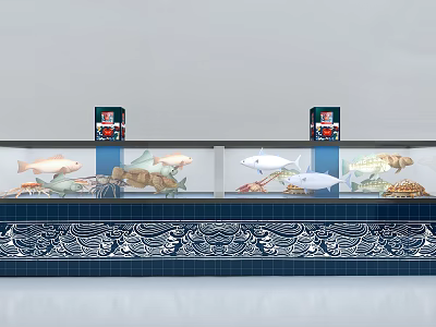 Restaurant Seafood Display Featuring Multiple Aquariums With Fresh Fish And Decorative Patterns 3d model