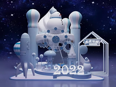 Starry Sky Themed Photo Check-in Spot With Ferris Wheel Rocket Castle And Snowman 2022 3d model