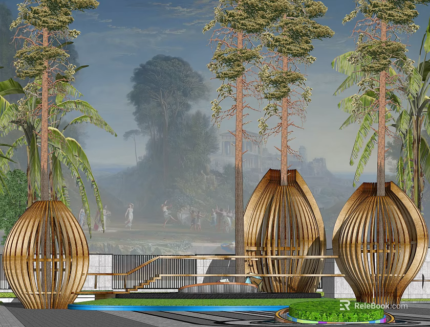 Modern Oval Shaped Wooden Pergola Surrounded by Tall Trees and Pool 3d model 