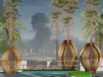 Modern Oval Shaped Wooden Pergola Surrounded by Tall Trees and Pool 3d model