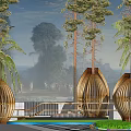 Modern Oval Shaped Wooden Pergola Surrounded by Tall Trees and Pool