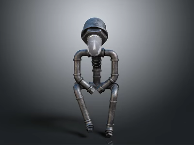 Industrial Style Metal Pipe Humanoid Sculpture With Helmet Head And Sitting Posture 3d model