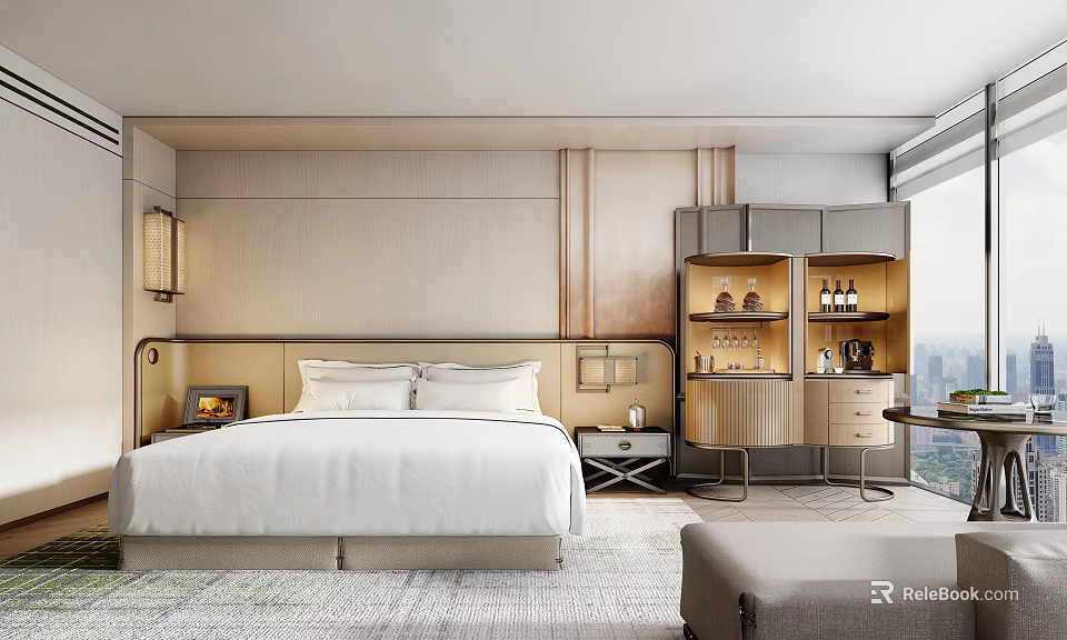 Modern Elegant Hotel Room Interior With King Size Bed Minibar And Cozy Sofa 3d model 