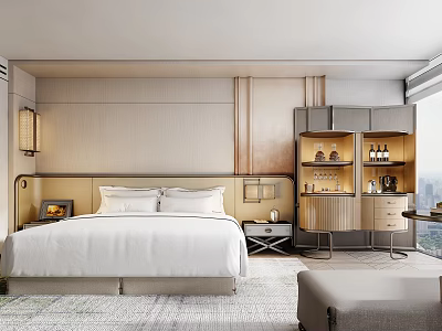 Modern Elegant Hotel Room Interior With King Size Bed Minibar And Cozy Sofa 3d model