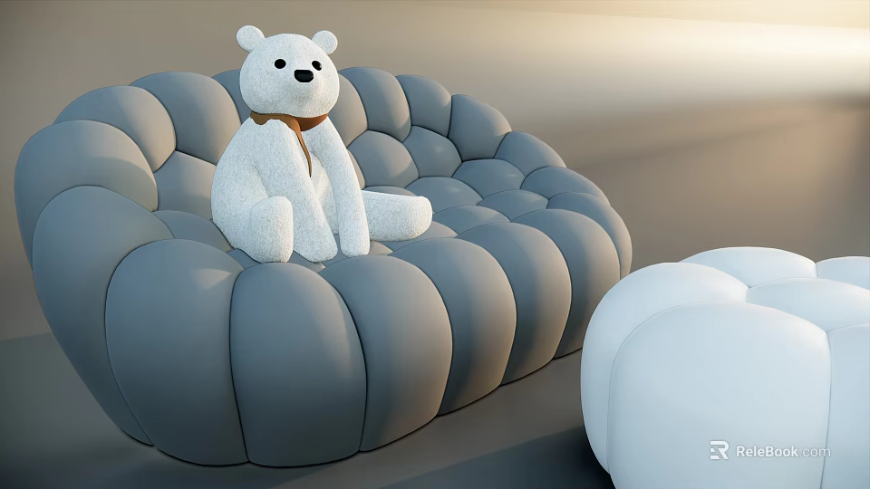 Gray Pumpkin Shaped Lazy Sofa With White Teddy Bear Decoration 3d model
