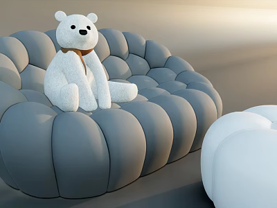 Gray Pumpkin Shaped Lazy Sofa With White Teddy Bear Decoration 3d model