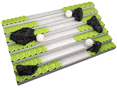 Stylish Garden Decor With Concrete Steps Green Foliage Black Stones And White Spheres 3d model