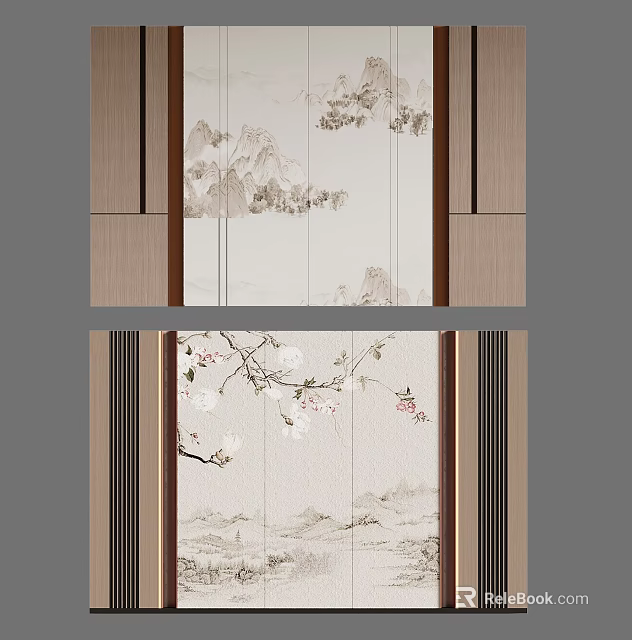 Chinese Style Decorative Screen With Mountain Landscape And Plum Blossom Design 3d model 