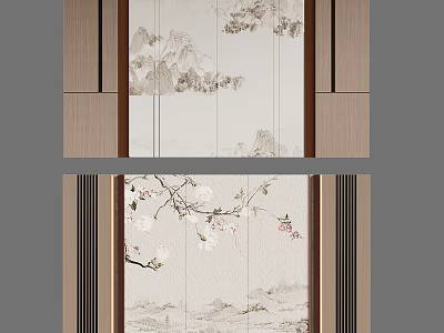 Chinese Style Decorative Screen With Mountain Landscape And Plum Blossom Design 3d model