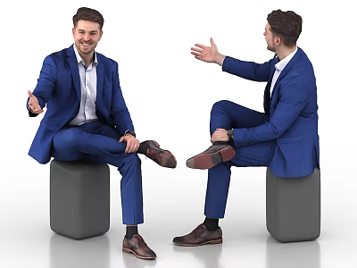 Two Men in Blue Suits Sitting on Gray Cubes Gesturing During Friendly Talk 3d model
