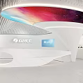 Modern White Showroom With Curved Design Arranged Laundry Machines And Geometric Ceiling