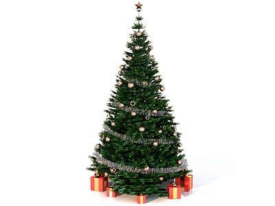 Green Christmas Tree With Star On Top Silver Tinsel And Gift Boxes 3d model