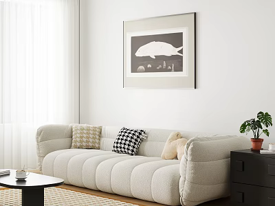 Multi person Cream Sofa With Decorative Pillows Black Coffee Table White Curtains And Wall Art 3d model
