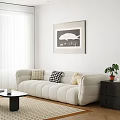 Multi person Cream Sofa With Decorative Pillows Black Coffee Table White Curtains And Wall Art