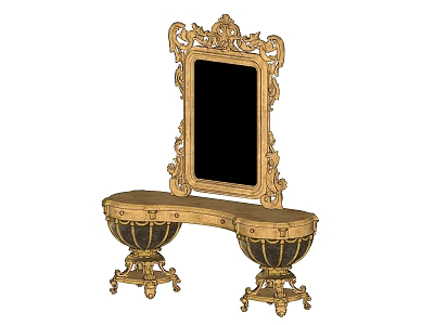 Elegant Classic Ornate Dressing Table With Intricate Carvings And Decorative Mirror 3d model