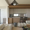 Modern Living Dining Room Interior With Wooden TV Wall Plush Sofa And Coffee Table
