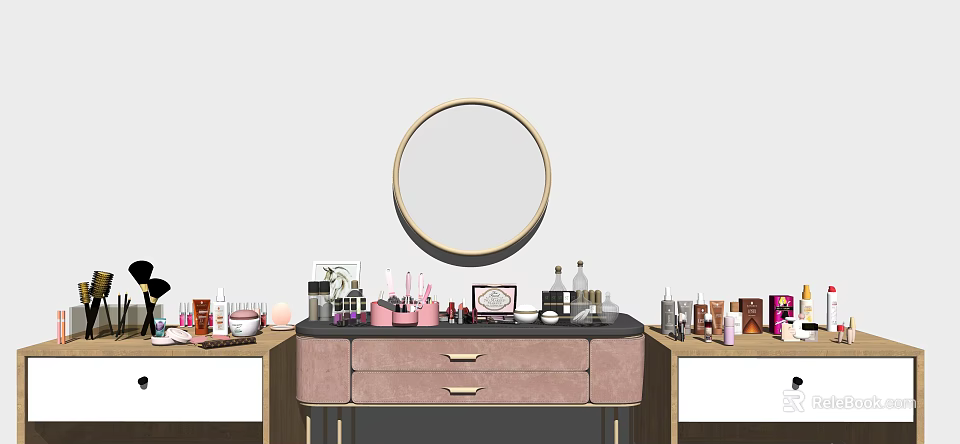 Perfumes and Cosmetics Displayed on Dressing Table With Pink Drawers and Round Mirror Above 3d model 