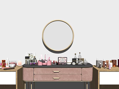 Perfumes and Cosmetics Displayed on Dressing Table With Pink Drawers and Round Mirror Above 3d model