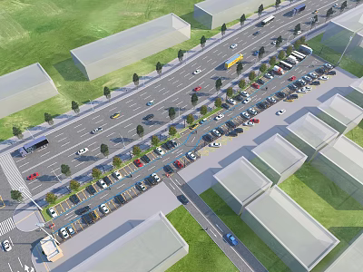 Urban Road Infrastructure With Multiple Lanes Vehicles Parking Areas And Green Belts 3d model