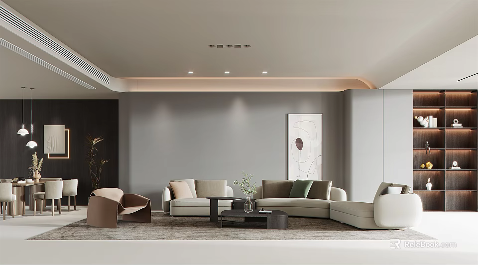 Modern Minimalist Living Dining Space With Sofa Armchair And Art Decor 3d model 