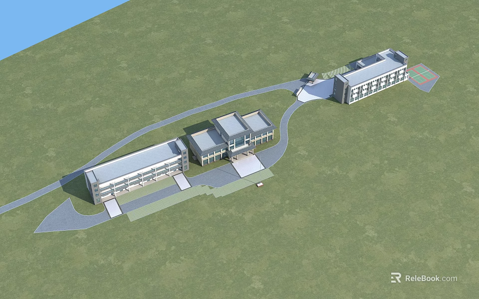 Modern Office Building Complex With Multiple Structures Green Lawn And Pathway 3d model