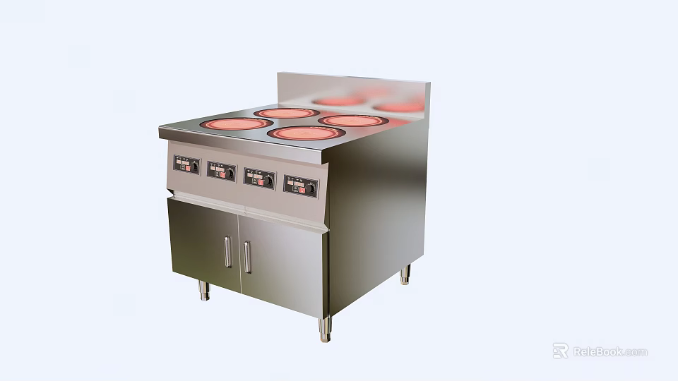 Commercial Kitchen Electric Cooktop With Multiple Heating Elements And Stainless Steel Cabinets 3d model