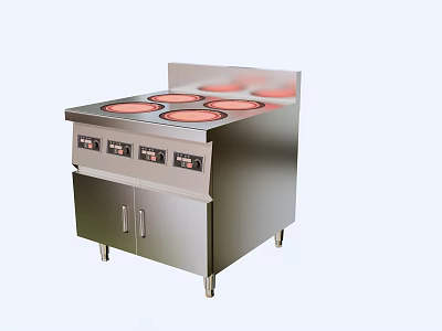 Commercial Kitchen Electric Cooktop With Multiple Heating Elements And Stainless Steel Cabinets 3d model