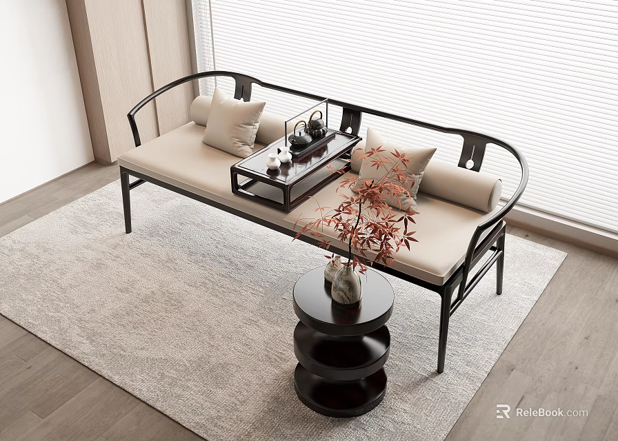 Modern Two-Seater Sofa with Beige Cushion Black Frame Pillows and Tea Table by Window Blinds 3d model 