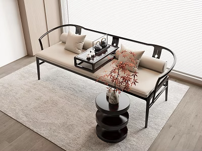 Modern Two-Seater Sofa with Beige Cushion Black Frame Pillows and Tea Table by Window Blinds 3d model
