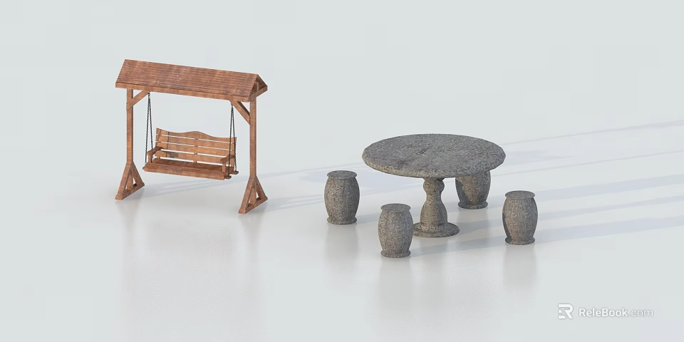 Landscape Seating With Wooden Swing Bench And Stone Round Table Plus Stools 3d model