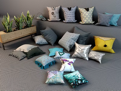 Cozy Stylish Throw Pillows With Various Patterns Colors And Textures For Home Decor 3d model