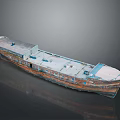 Wooden Boat Model With Blue And Brown Hull And Deck Structure