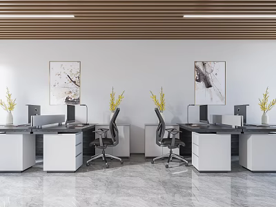 Contemporary Public Office Space Design With Office Desks Ergonomic Chairs Decorative Paintings And Potted Plants 3d model