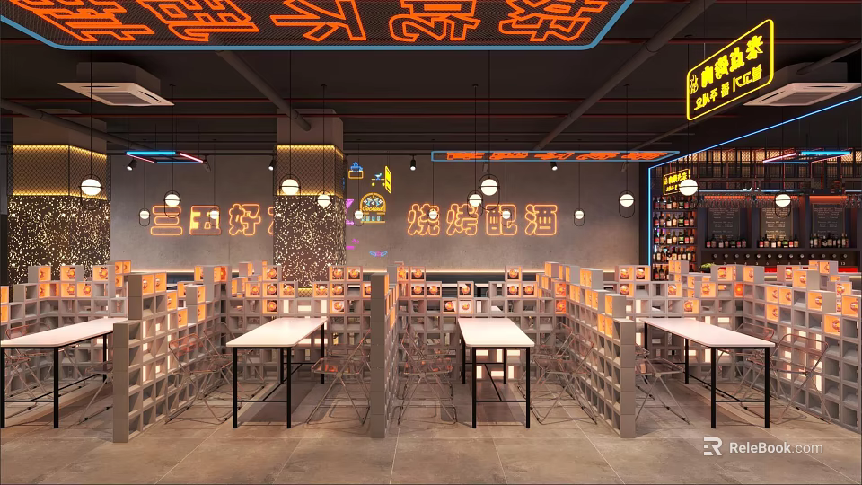 Modern BBQ Restaurant Interior With Neon Signs Square Partitions White Tables Black Chairs Pendant Lights 3d model 