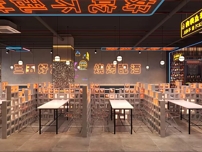 Modern BBQ Restaurant Interior With Neon Signs Square Partitions White Tables Black Chairs Pendant Lights 3d model