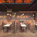 Modern BBQ Restaurant Interior With Neon Signs Square Partitions White Tables Black Chairs Pendant Lights
