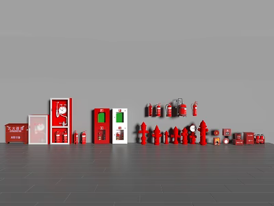 Different Types of Red Fire Safety Equipment Such As Extinguishers Hydrants And Cabinets 3d model