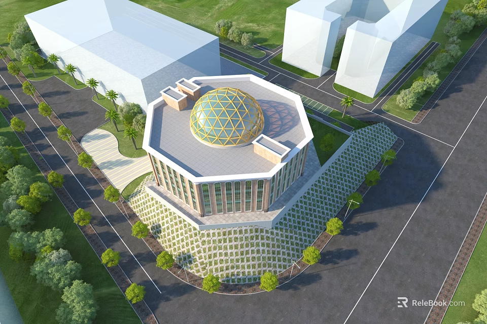 Aerial Planning of Modern Octagonal Building with Glass Dome and Surrounding Greenery Roads 3d model 
