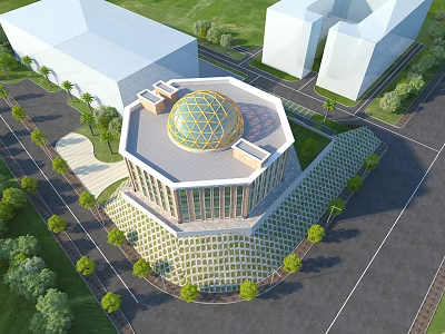 Aerial Planning of Modern Octagonal Building with Glass Dome and Surrounding Greenery Roads 3d model