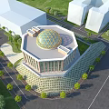Aerial Planning of Modern Octagonal Building with Glass Dome and Surrounding Greenery Roads