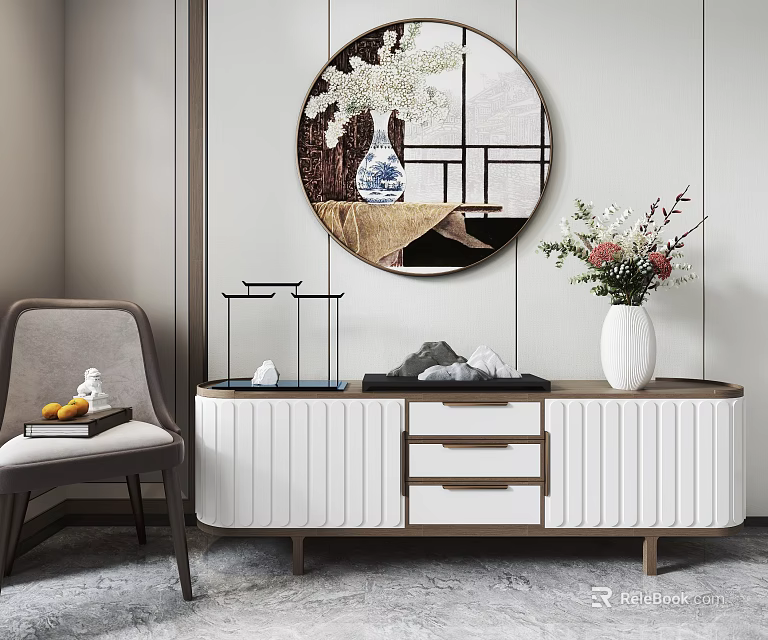 Modern Elegant TV Stand With White Panel Wooden Drawers And Round Mirror Flower Vase 3d model 