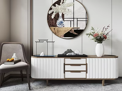 Modern Elegant TV Stand With White Panel Wooden Drawers And Round Mirror Flower Vase 3d model