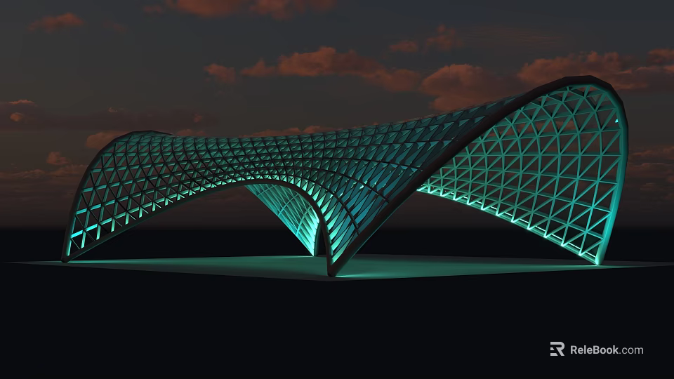 Modern Curved Canopy With Grid Structure Illuminated In Evening Cloudy Sky 3d model 